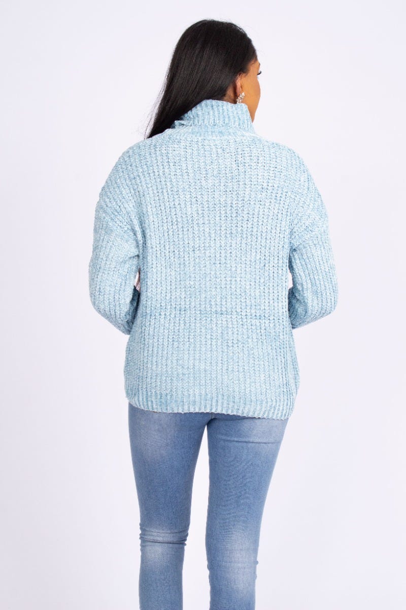 Chenille strik m. rullekrave  Skyblue