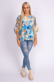 Bluse m. print Skyblue