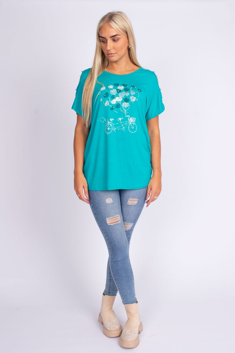 T-shirt m. glittersten, Aqua