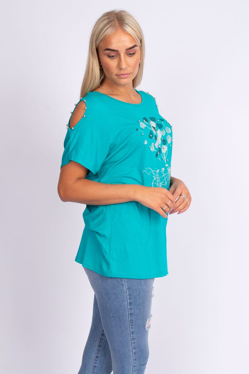 T-shirt m. glittersten, Aqua