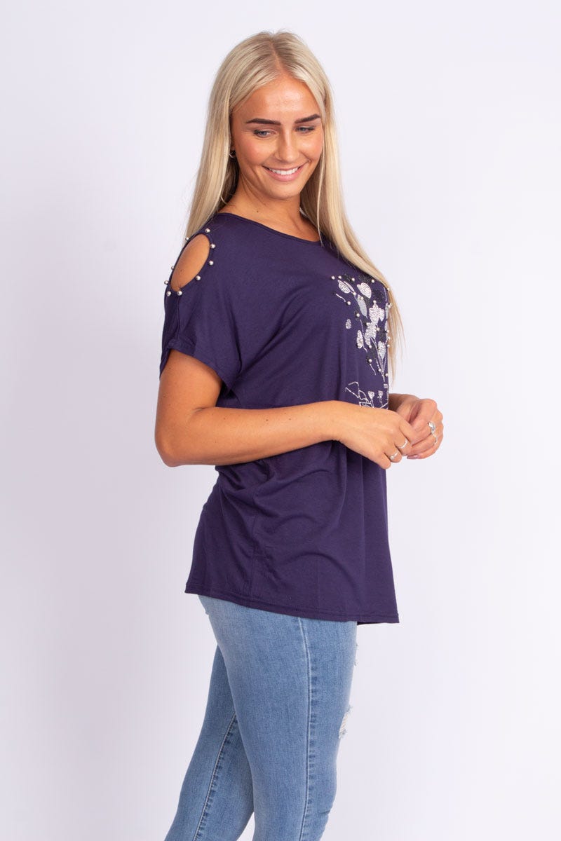 T-shirt m. glittersten, Navy