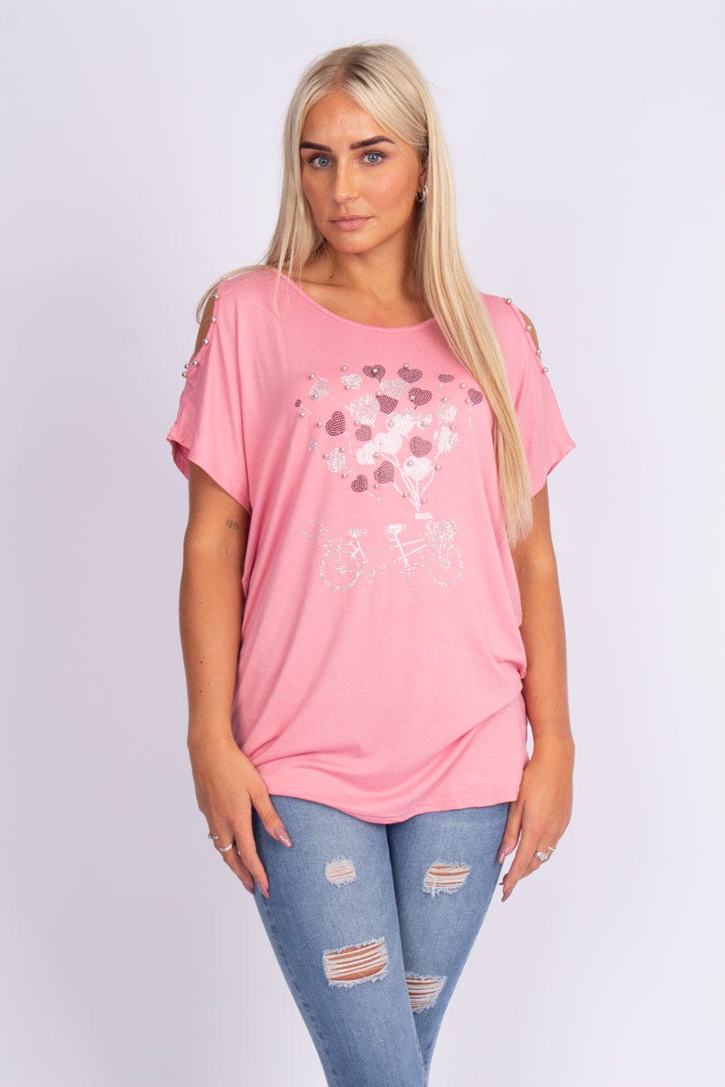 T-shirt m. glittersten, Rosa