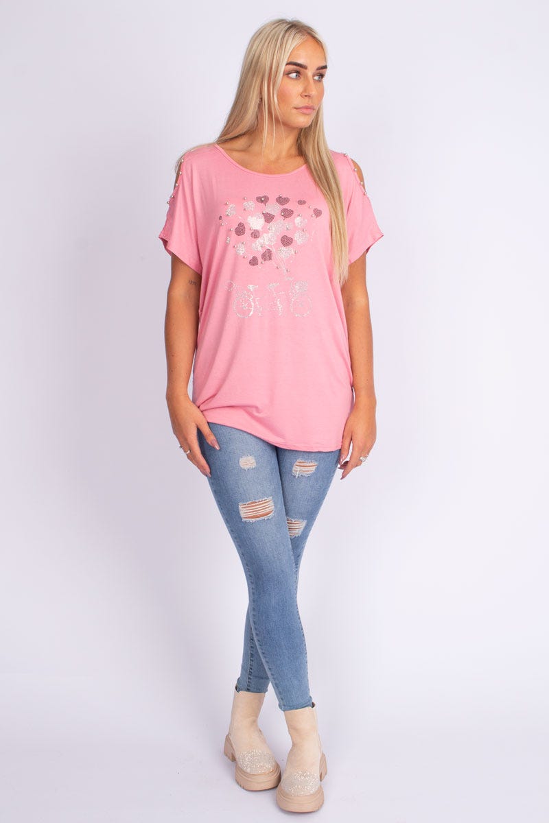 T-shirt m. glittersten, Rosa