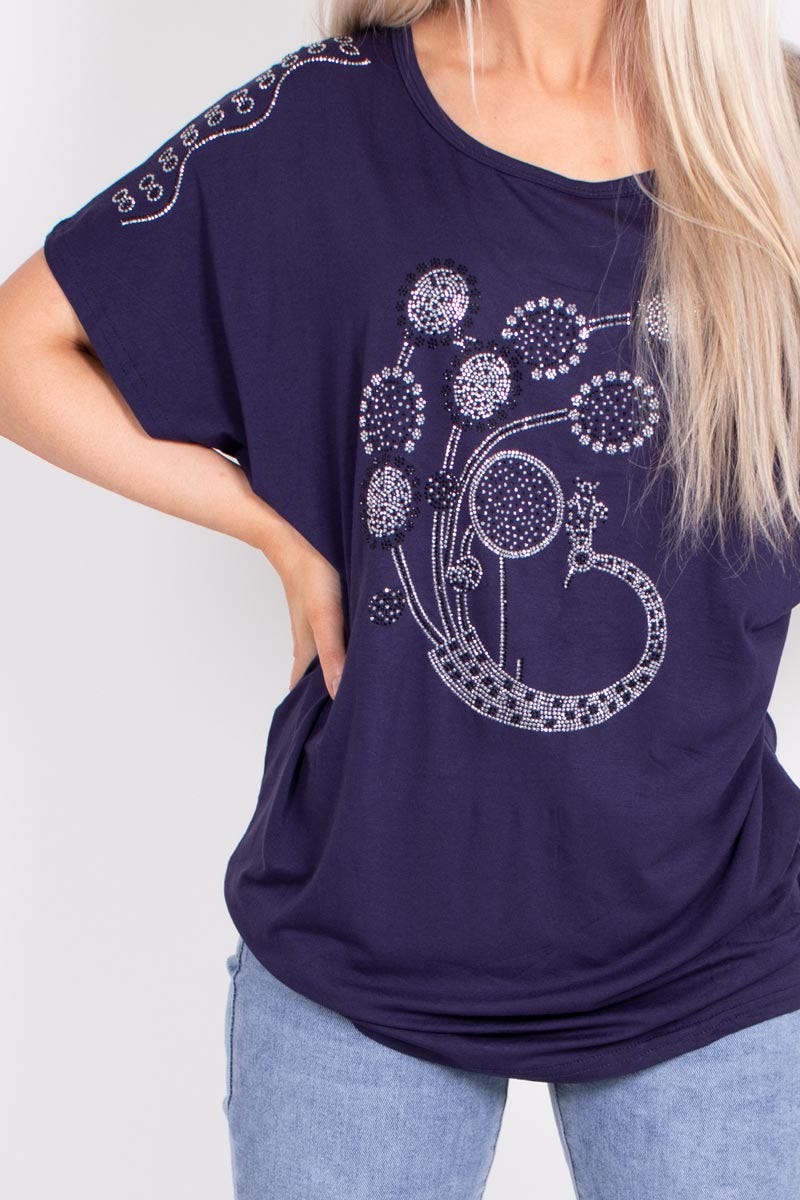 T-shirt m. påfågel glimmermotiv, Navy