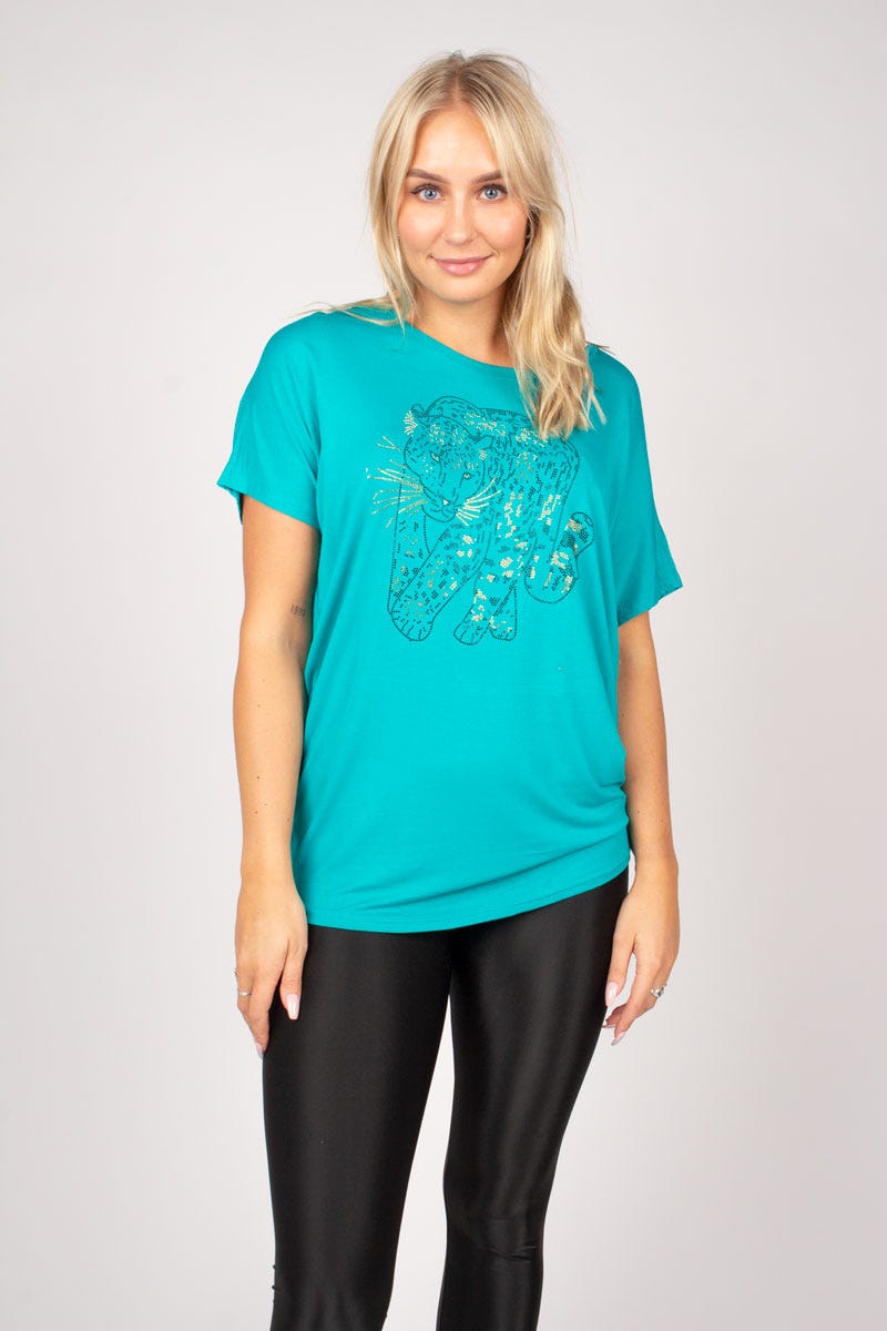 T-shirt m. leopard, Aqua