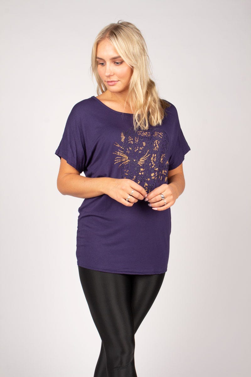 T-shirt m. leopard, Navy