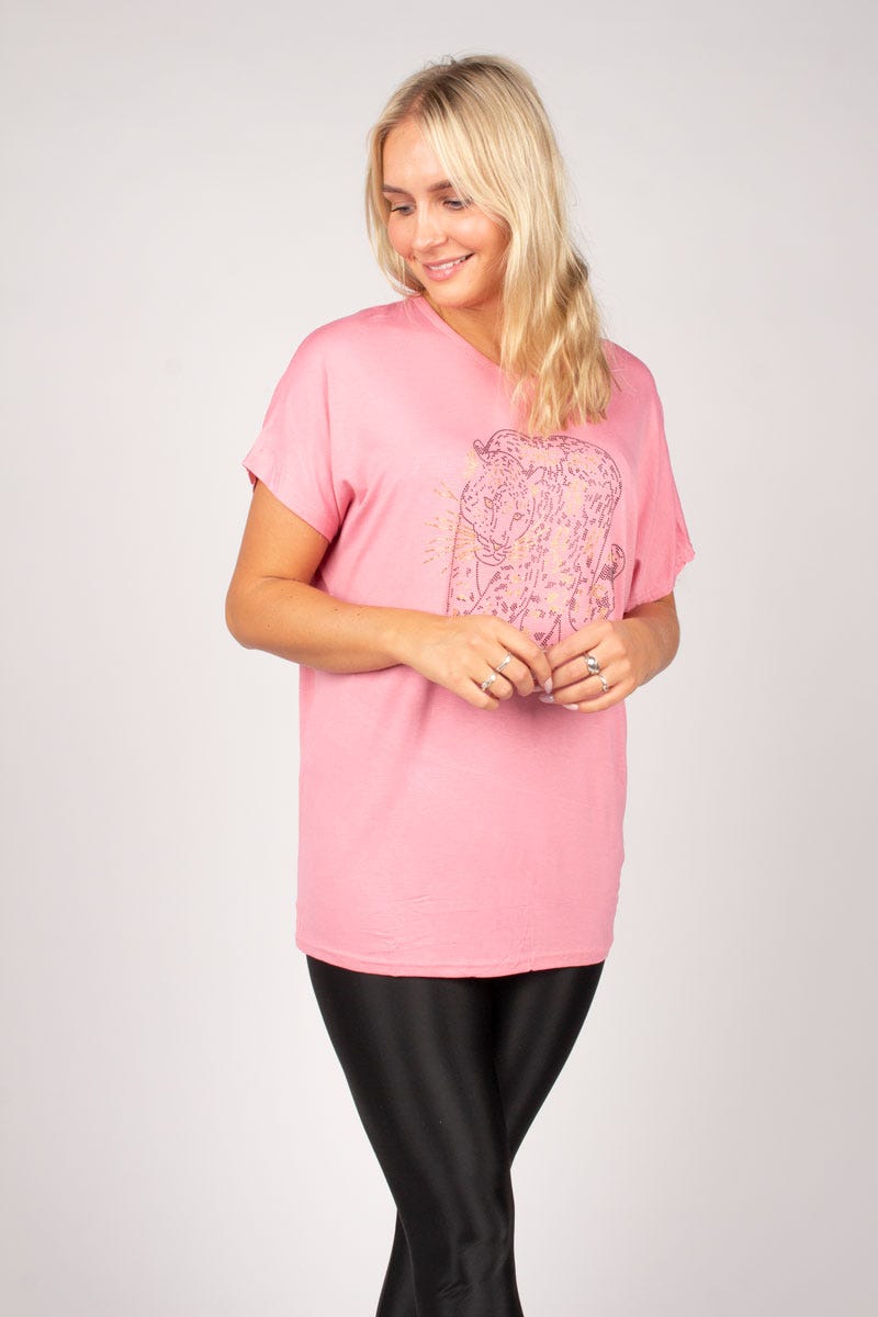 T-shirt m. leopard, Rosa