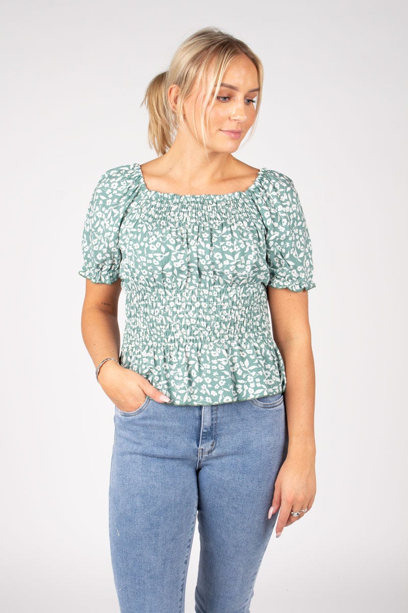 Top m. blomster Aqua