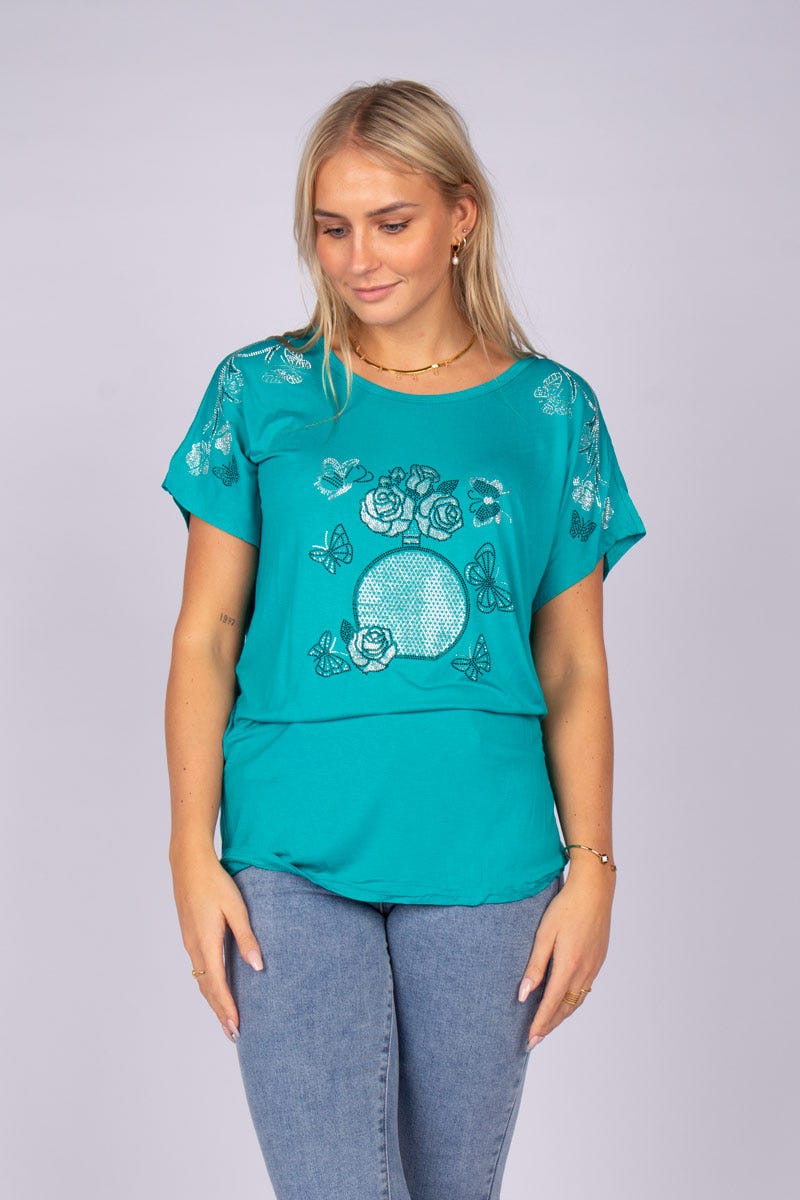 T-shirt m. glittersten, Aqua