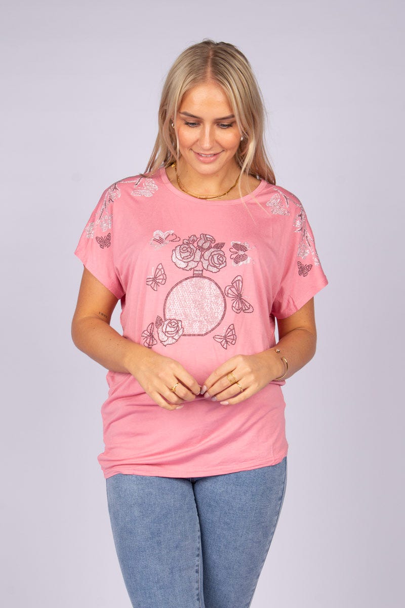 T-shirt m. glittersten, Rosa