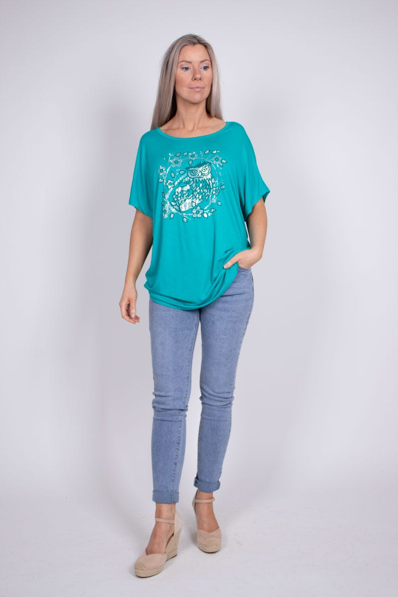 T-shirt m. ugglemotiv, Aqua