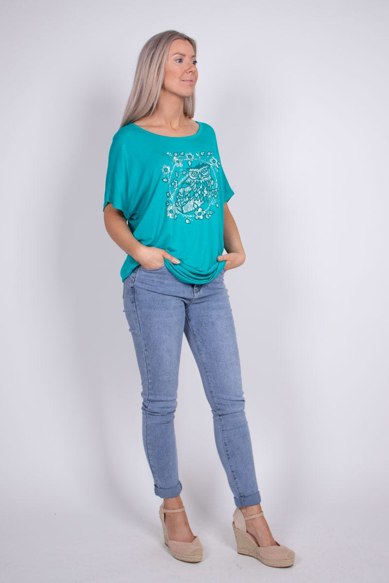 T-shirt m. ugglemotiv, Aqua