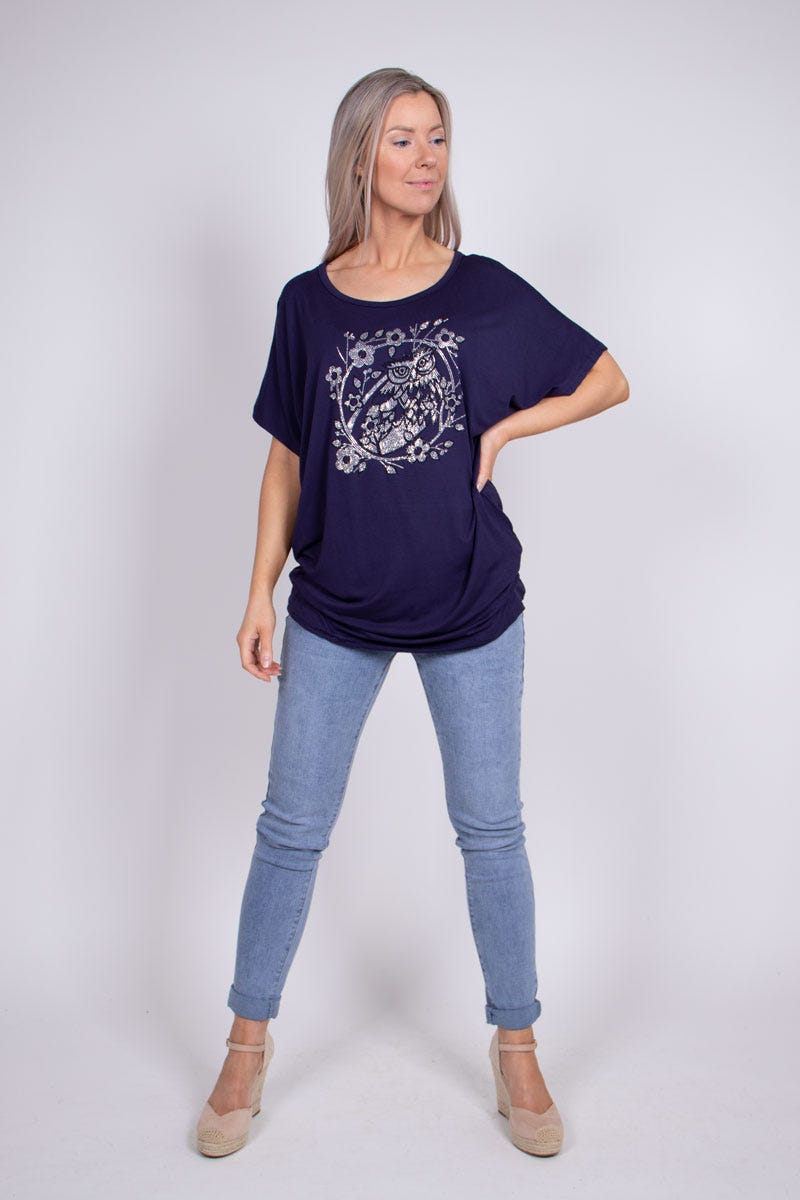 T-shirt m. ugglemotiv, Navy