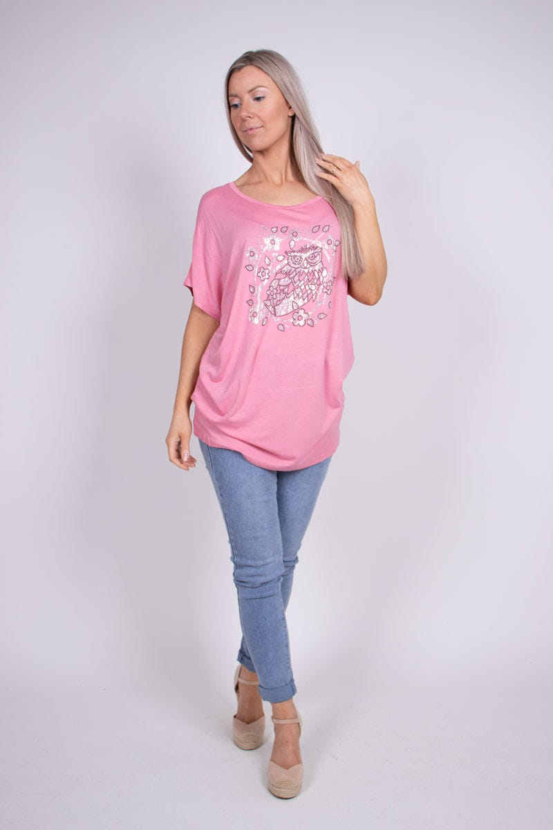 T-shirt m. ugglemotiv, Rosa