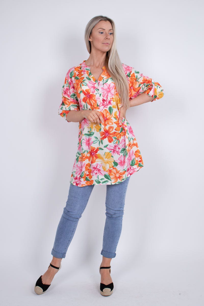 Bluse m. blomster Orange