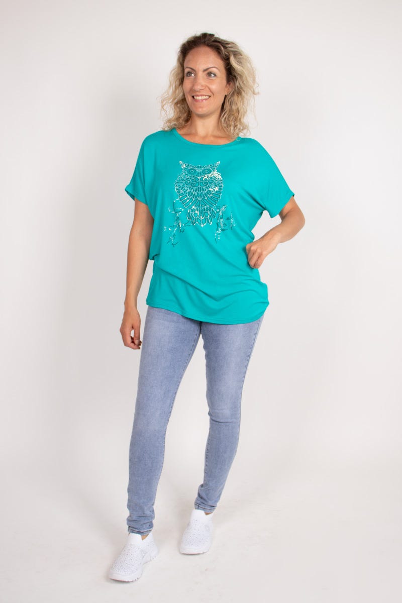 T-shirt m. ugglemotiv, Aqua