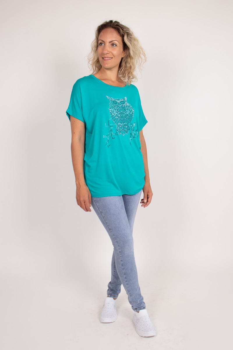 T-shirt m. ugglemotiv, Aqua