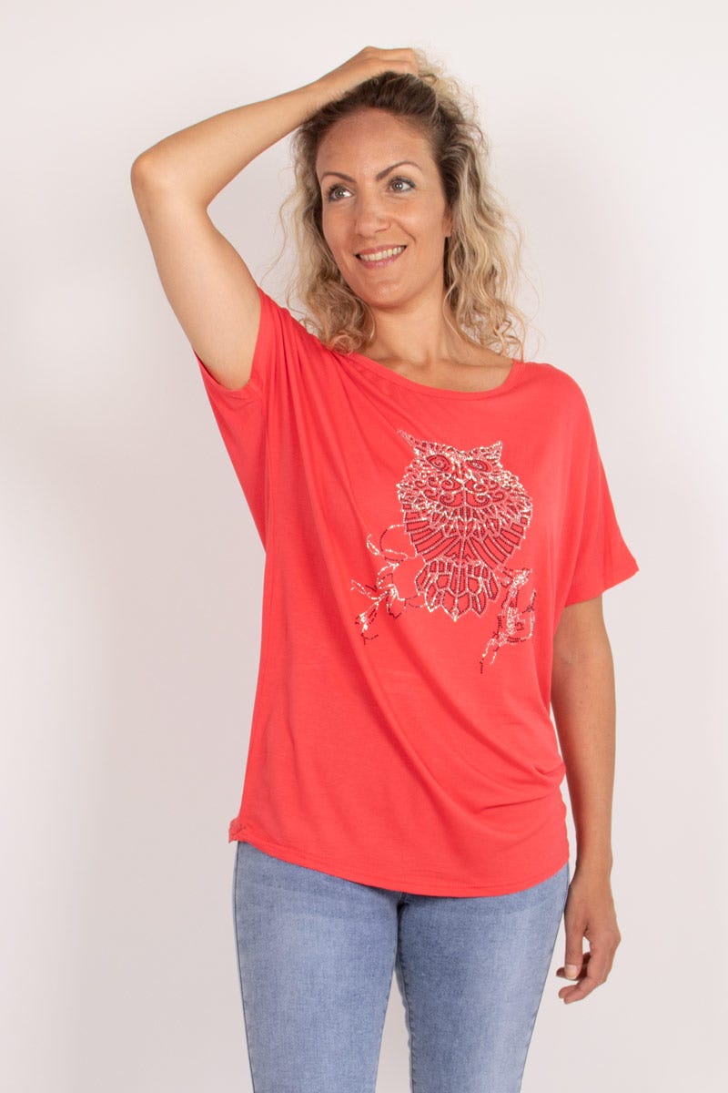 T-shirt m. ugglemotiv, Korall