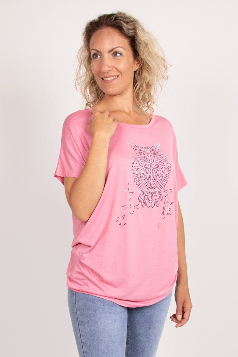 T-shirt m. ugglemotiv, Rosa