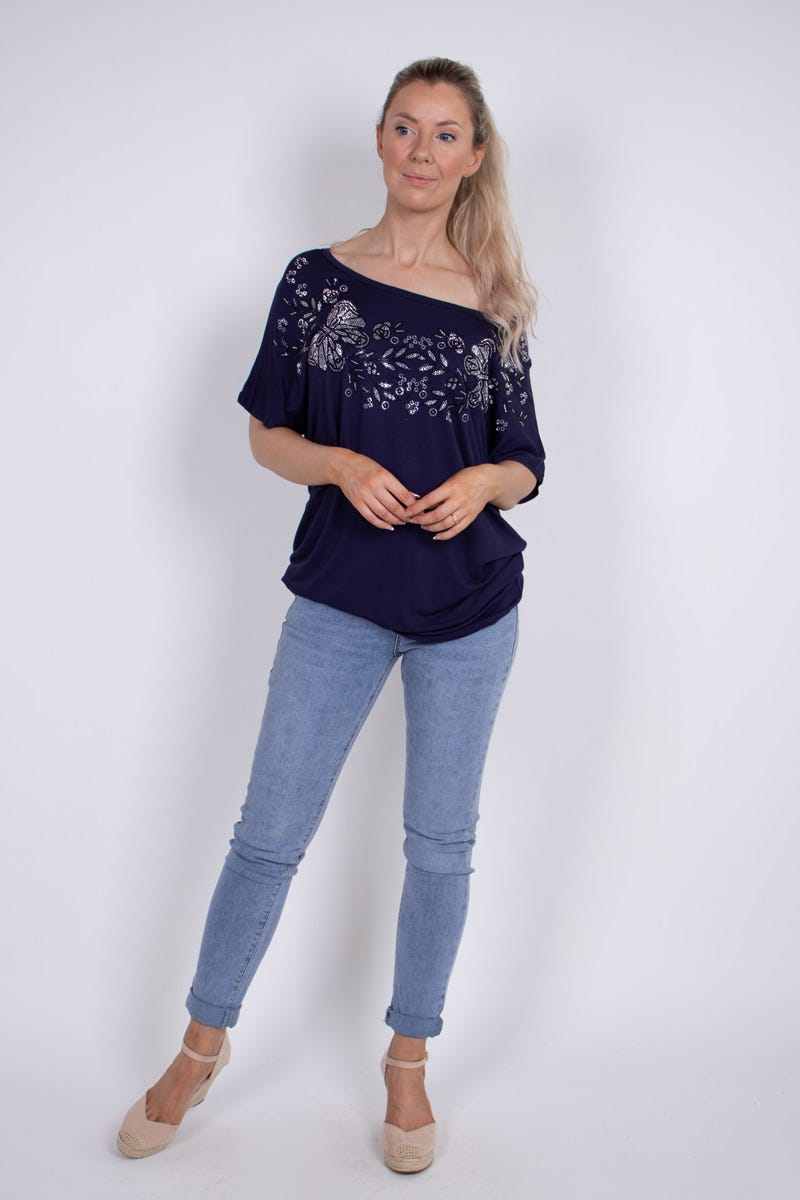 T-shirt m. sommerfugle og blomster motiv Navy