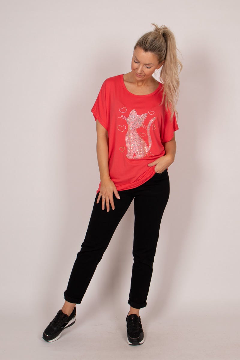 T-shirt m. kattmotiv och glitter, Korall