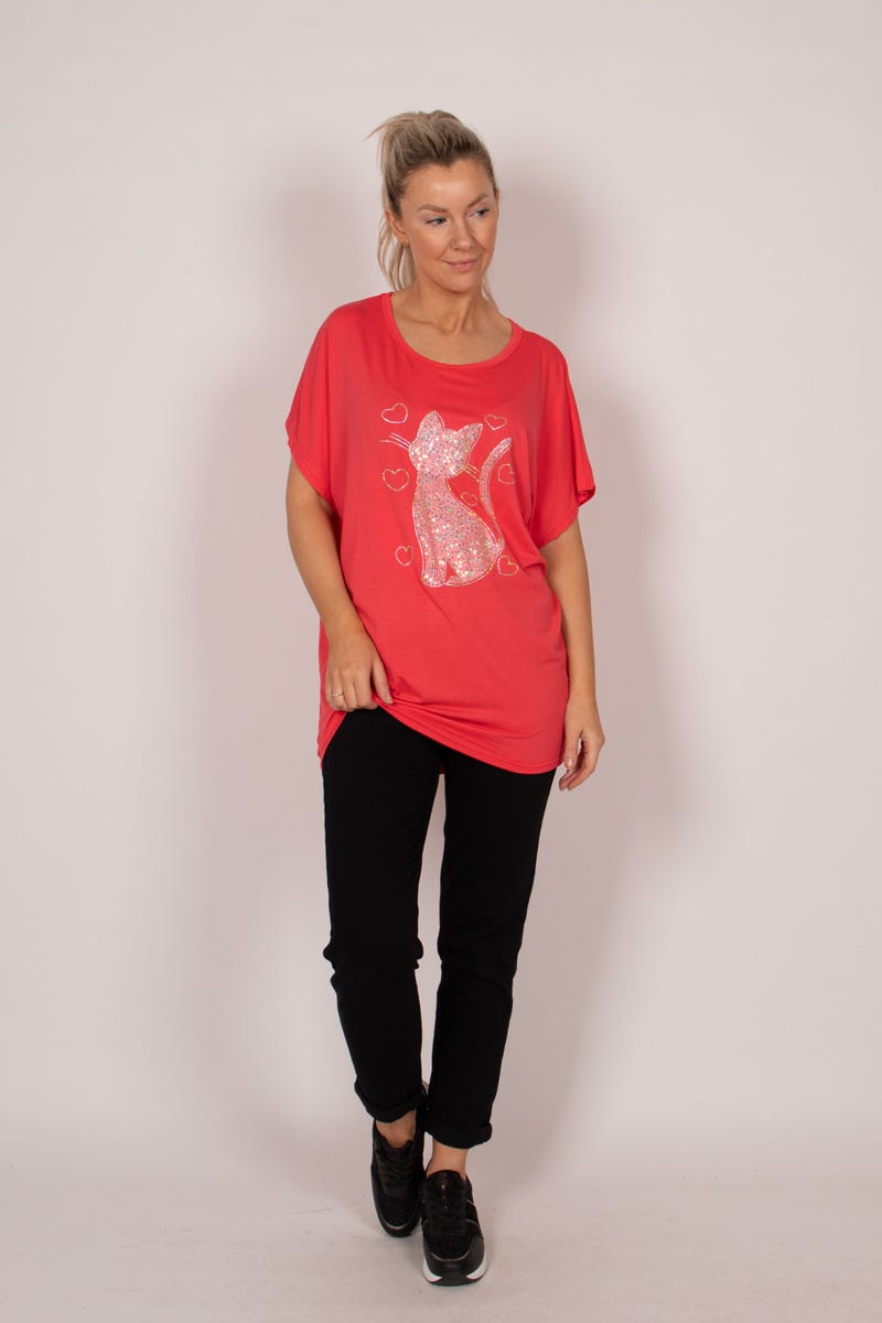 T-shirt m. kattmotiv och glitter, Korall