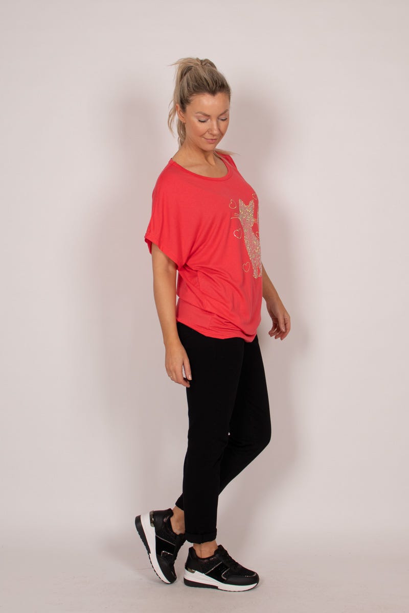 T-shirt m. kattmotiv och glitter, Korall