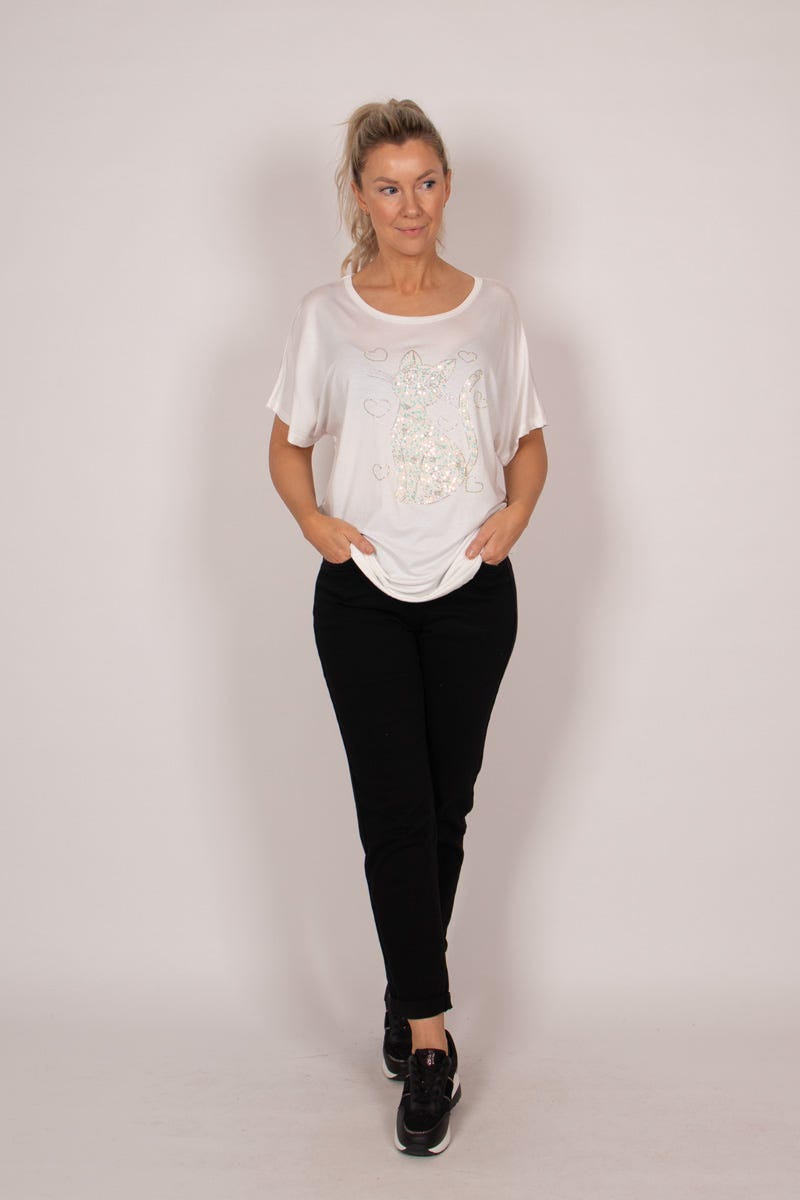 T-shirt m. kattmotiv och glitter, Vit