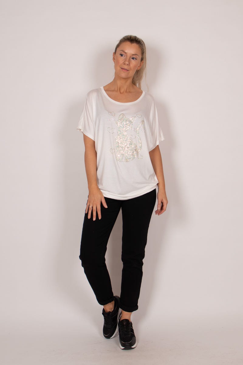 T-shirt m. kattmotiv och glitter, Vit