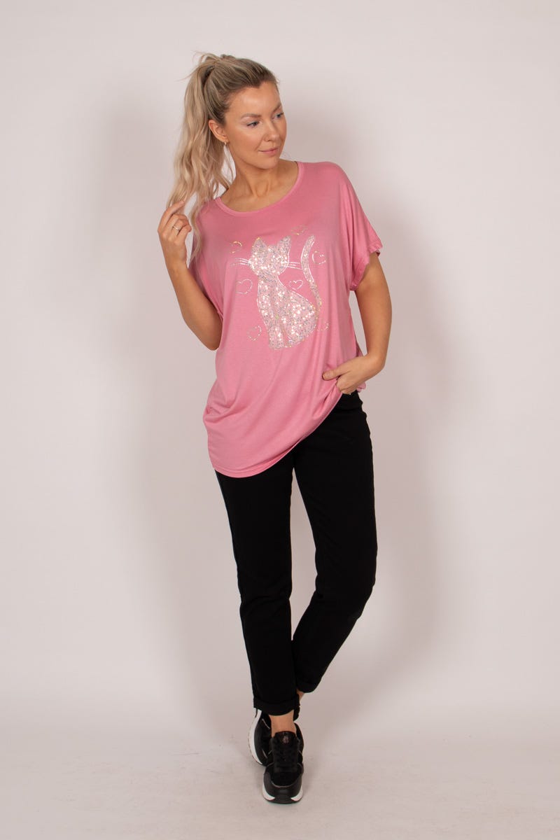 T-shirt m. kattmotiv och glitter, Rosa