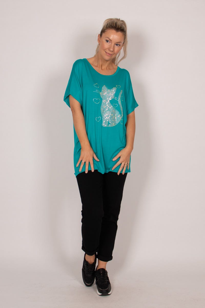 T-shirt m. kattmotiv och glitter, Aqua