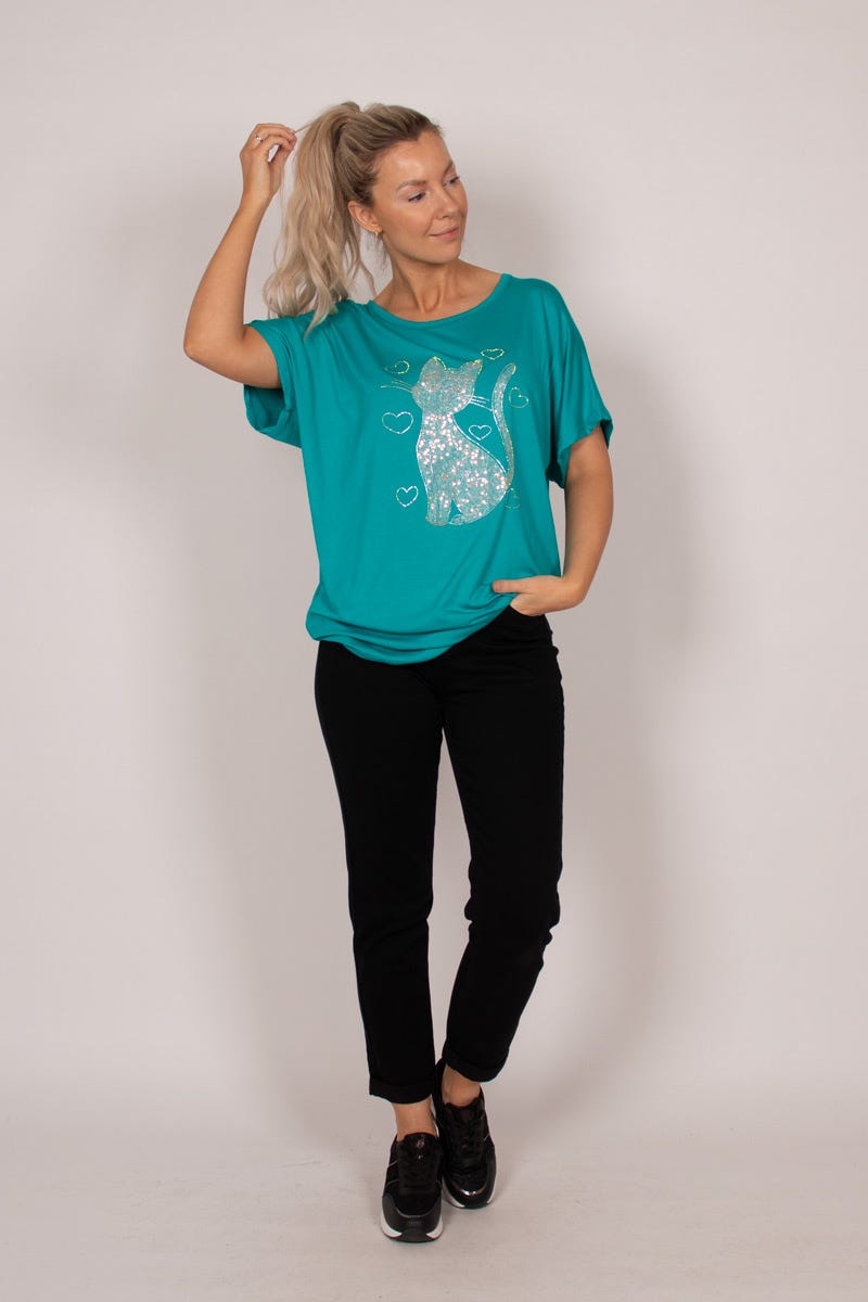 T-shirt m. kattmotiv och glitter, Aqua