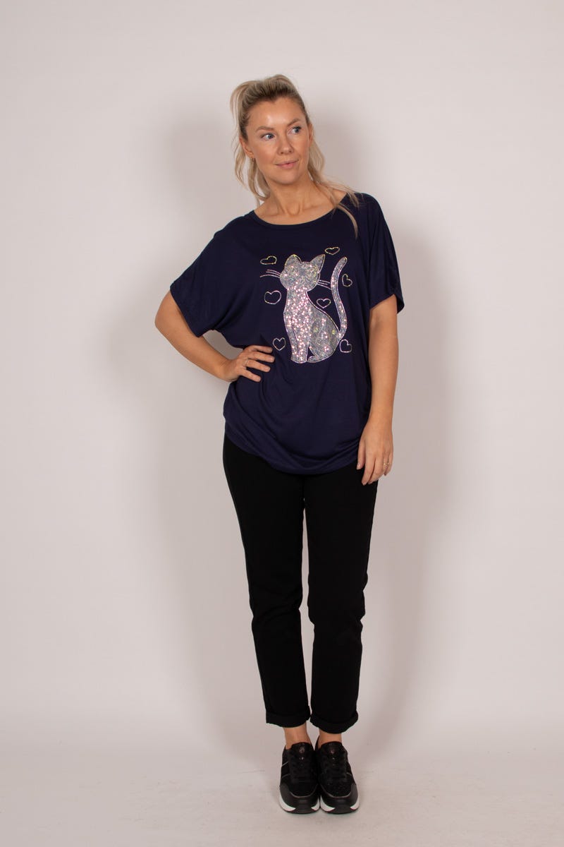 T-shirt m. kattmotiv och glitter, Navy