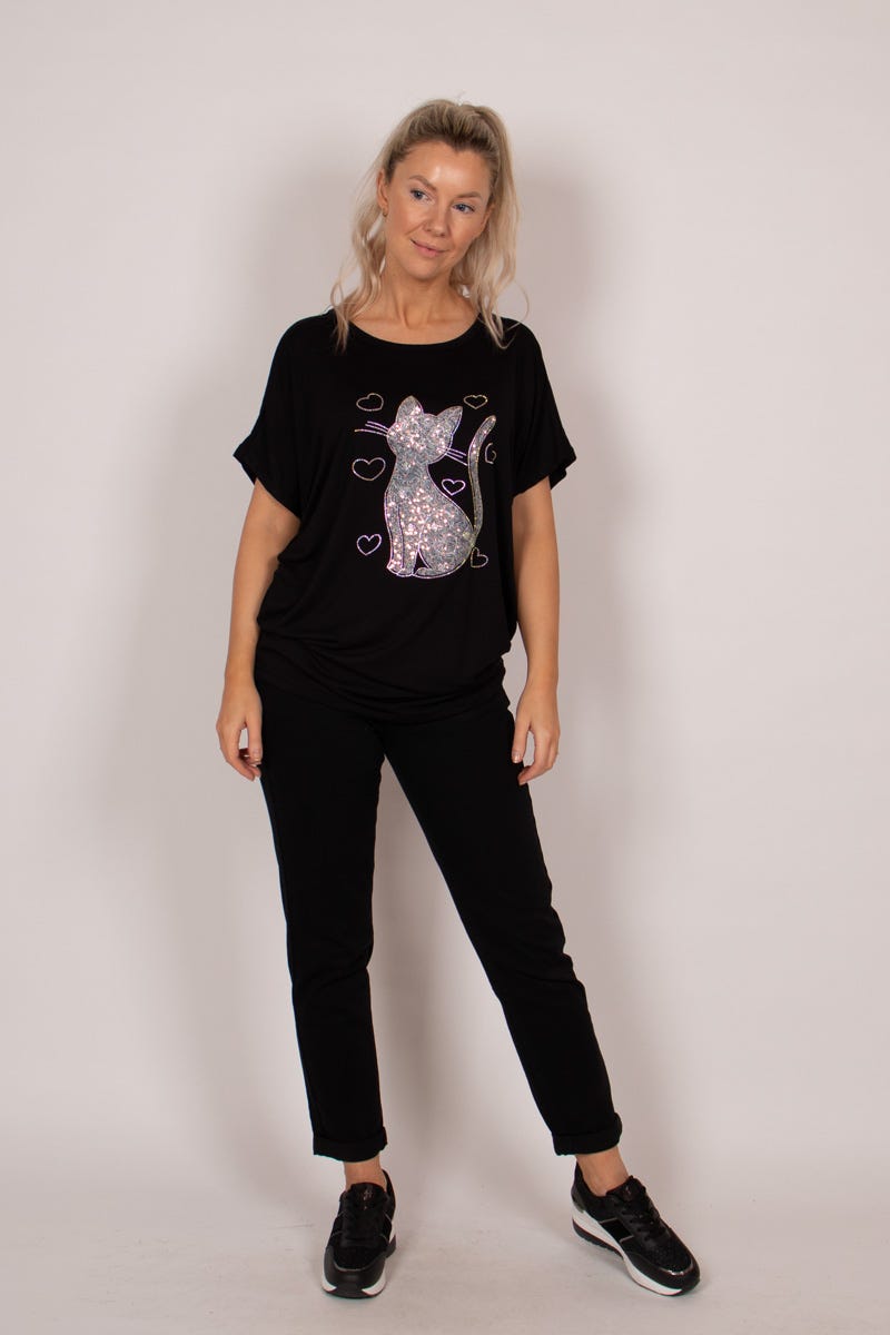 T-shirt m. kattmotiv och glitter, Svart