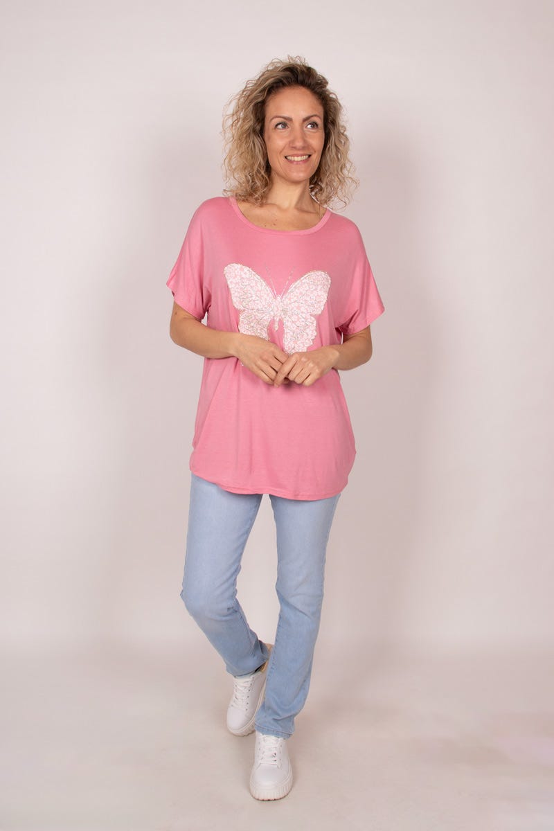 T-shirt m. sommerfugl Rosa