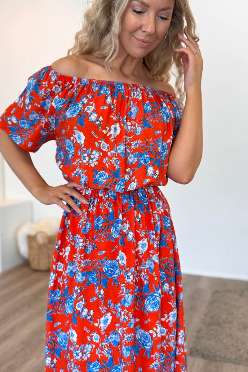 Kort off shoulder kjole m. blomsterprint Orange