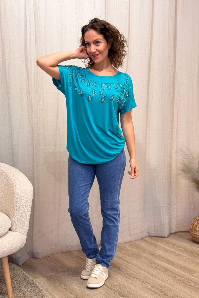 T-shirt med glittrande stenar Aqua