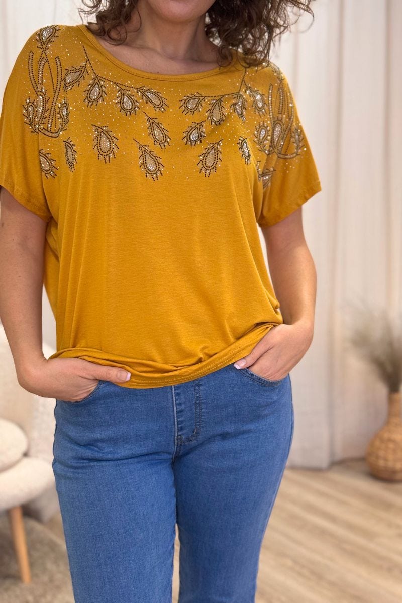 T-shirt med glittrande stenar Mustard