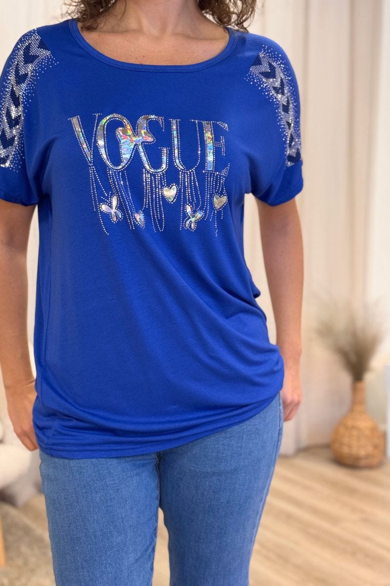 T-shirt med glittrande stenar och text Blå