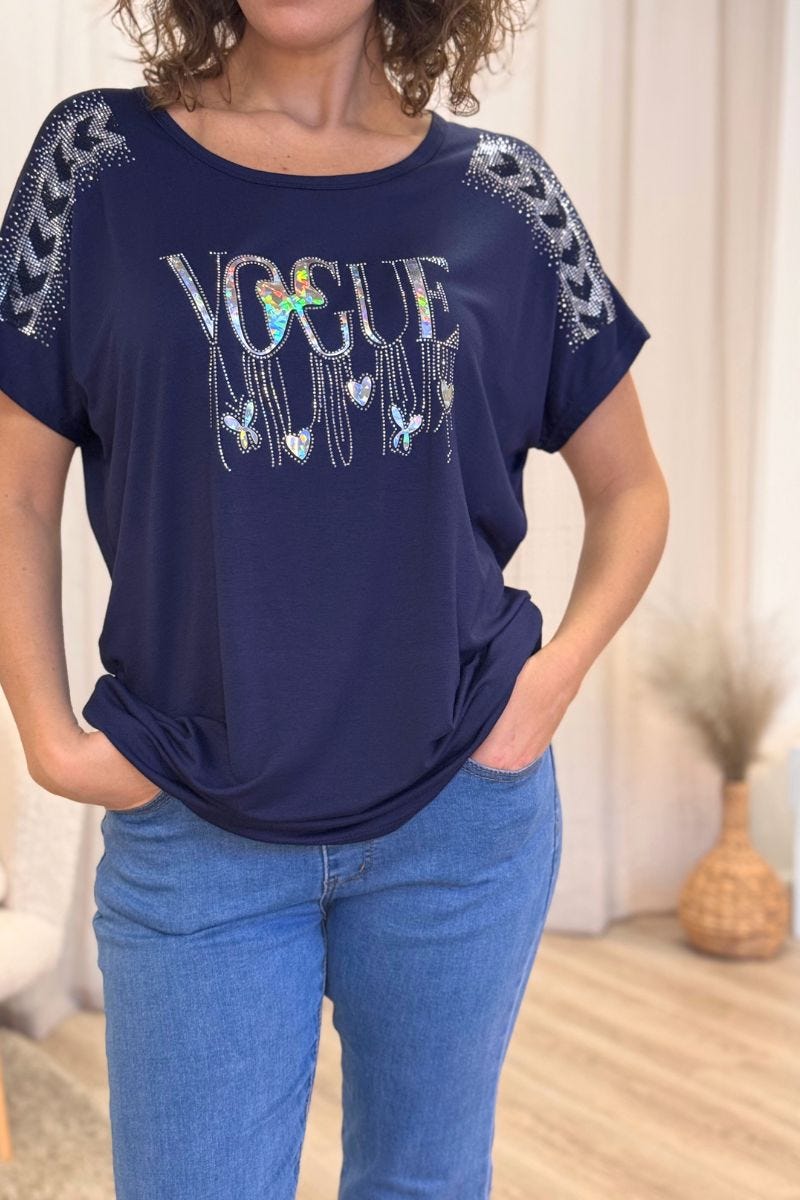 T-shirt med glittrande stenar och text Navy