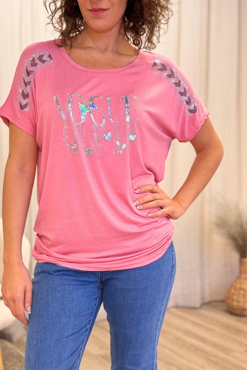 T-shirt med glittrande stenar och text Rosa