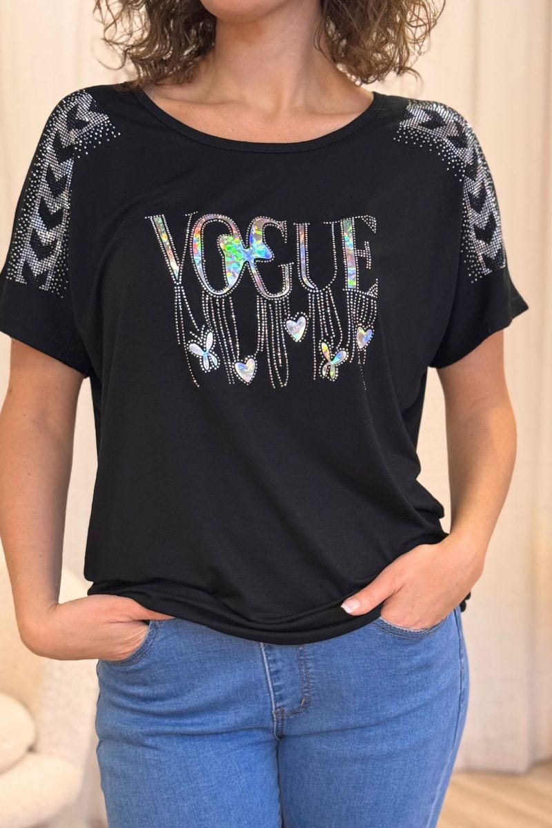 T-shirt med glittrande stenar och text Svart