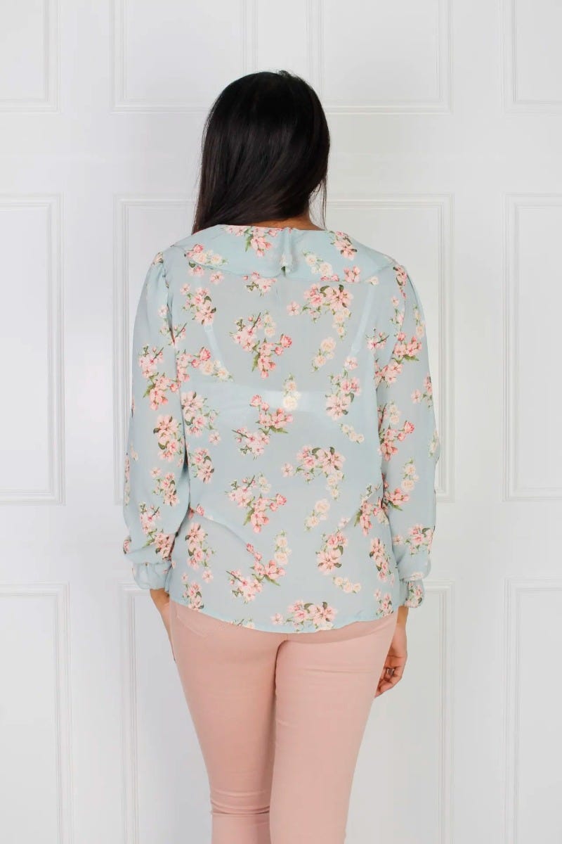 Bluse med flæse, grøn floral