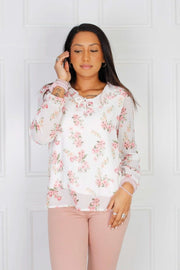 Bluse med flæse, creme floral