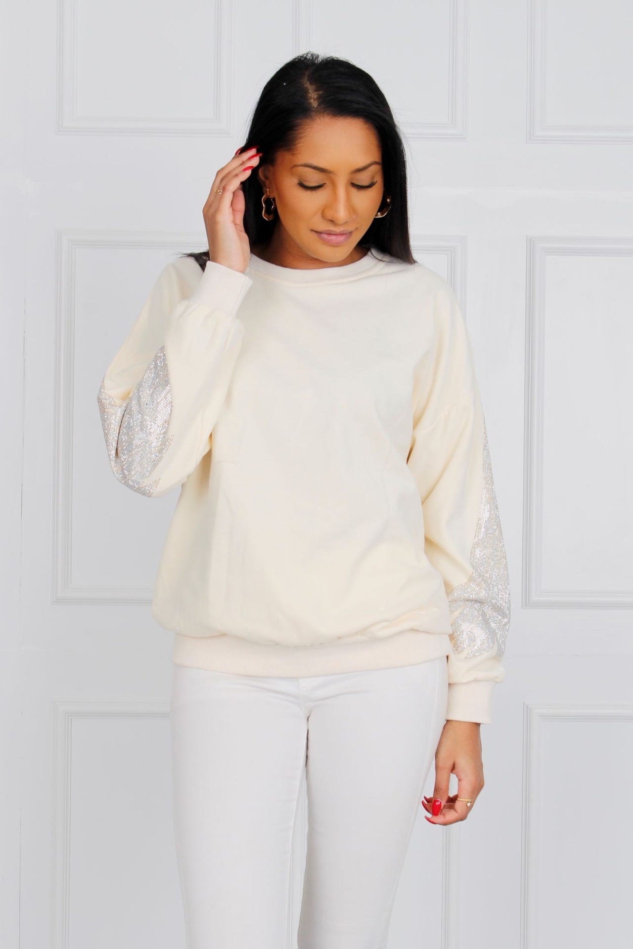 Sweatshirt m. glittervingar, Beige