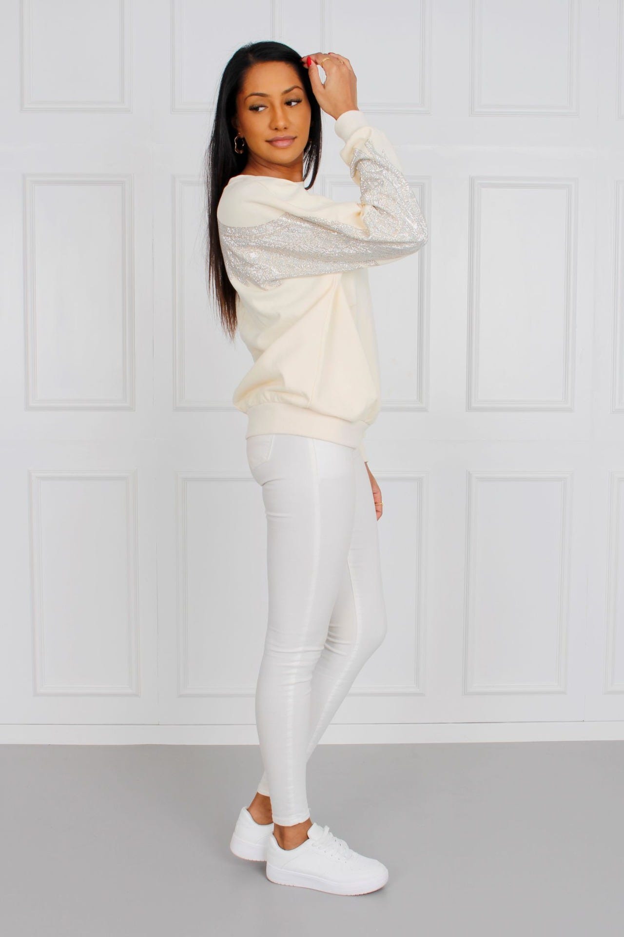 Sweatshirt m. glittervingar, Beige