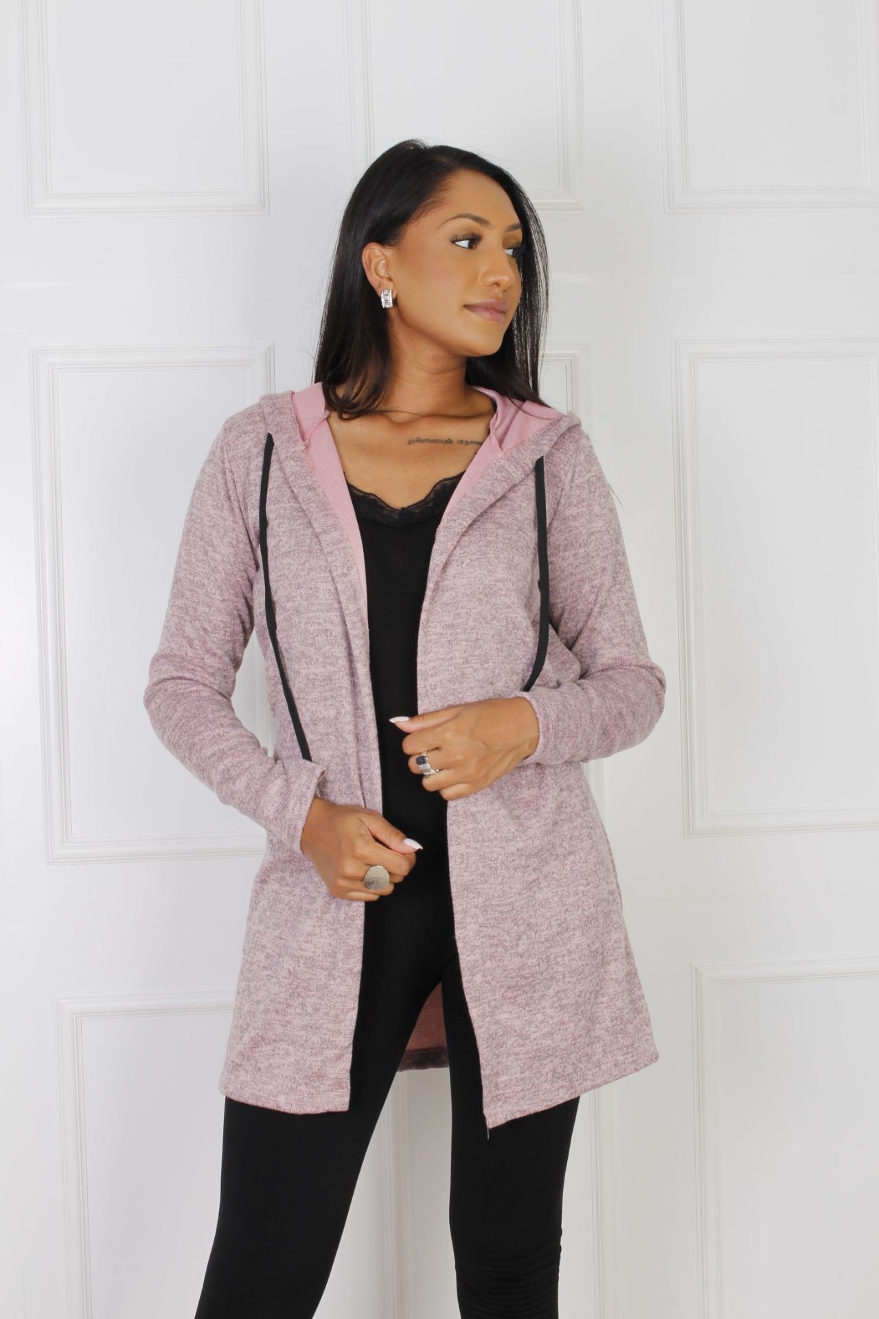 Lång cardigan m. huva, Rosa