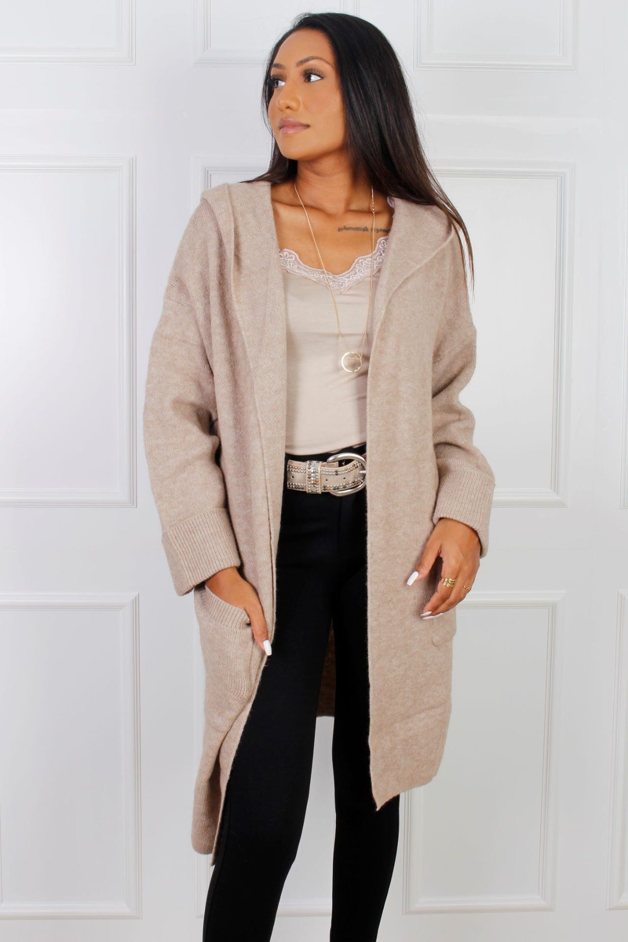 Cardigan m. huva, Taupe