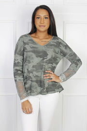 Camo bluse med blondekant, Khaki