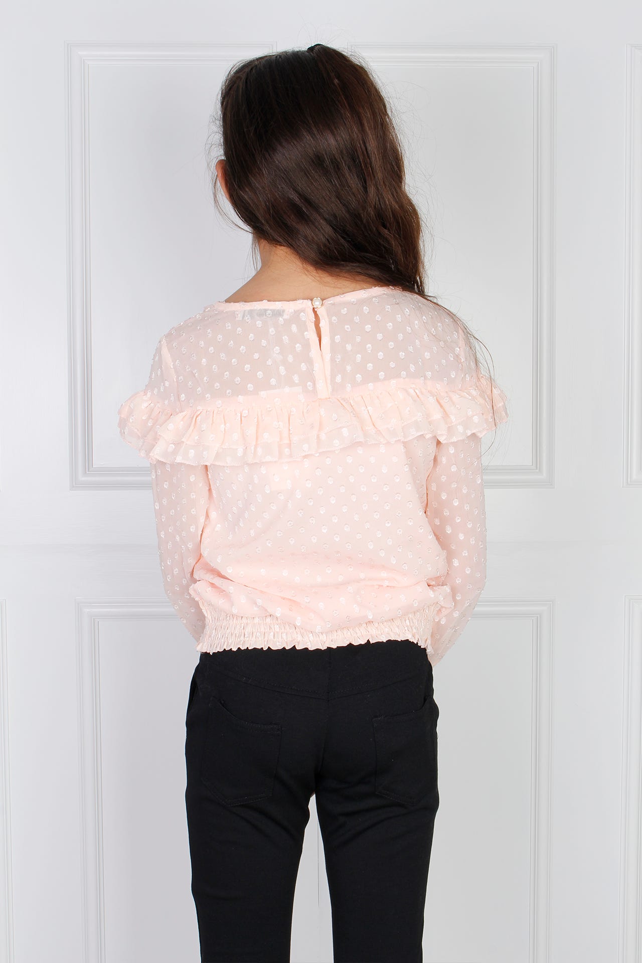 Blus m. volang och smockdetalj, Rosa